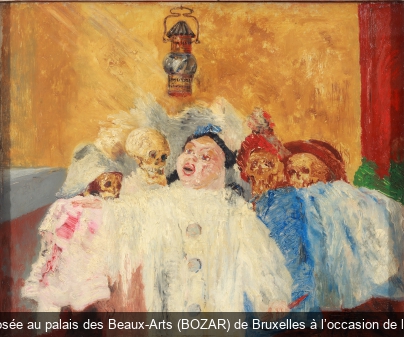 Pierrot et squelettes (1905), huile sur toile de James Ensor exposée au palais des Beaux-Arts (BOZAR) de Bruxelles à l’occasion de l’exposition « James Ensor. Maestro » KBC Bank NV, Brussel